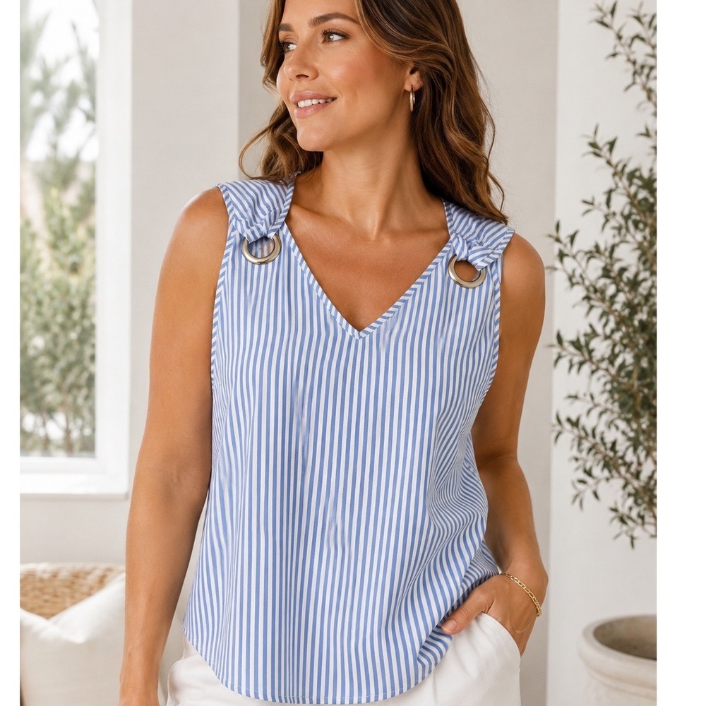 Blue White Stripe Ring Shoulder Sleeveless V-Neck Blouse L Coastal Nautical